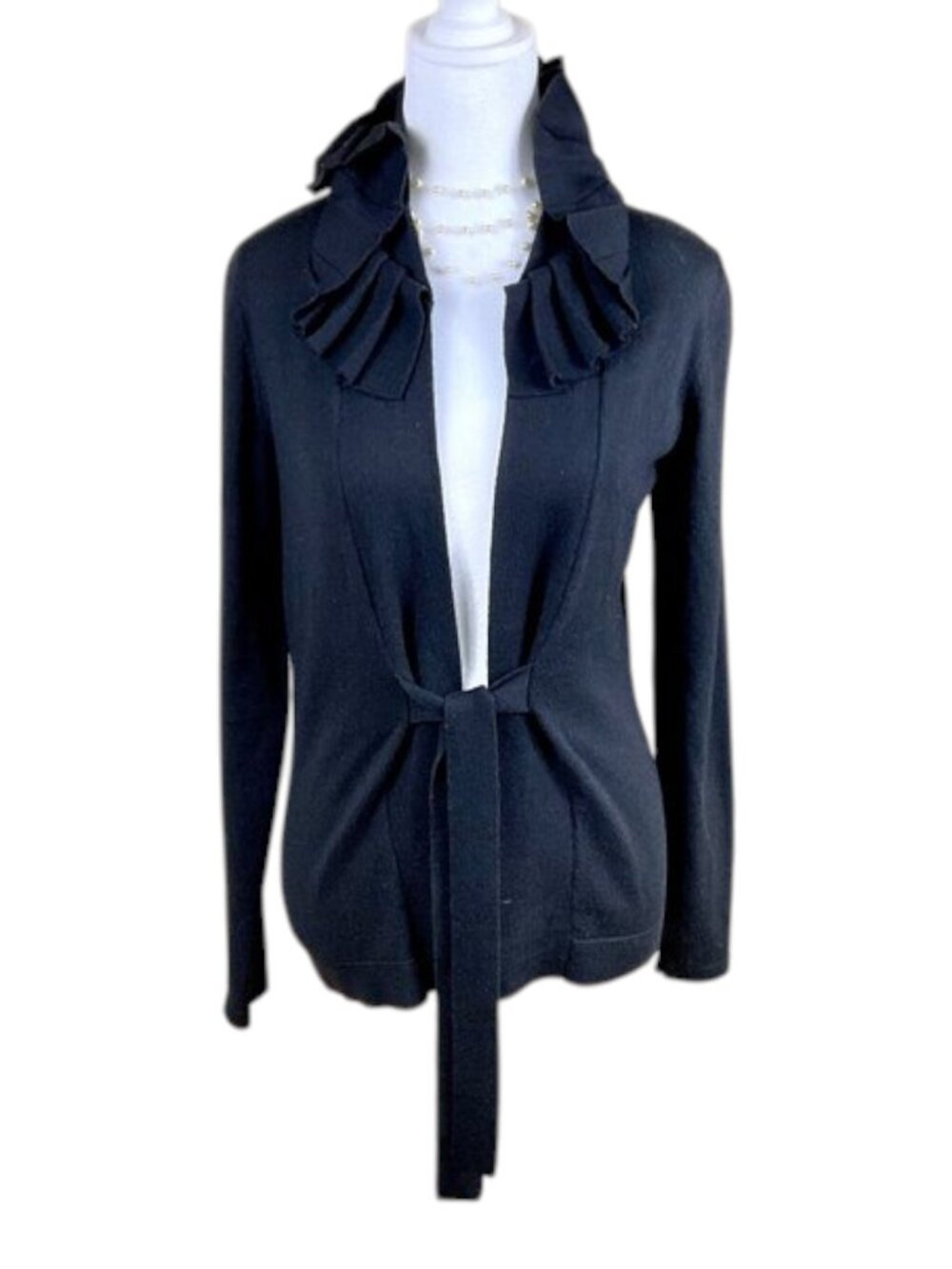 Elie Tahari Sweater Cardigan Merino Wool Ruffle Black (S)